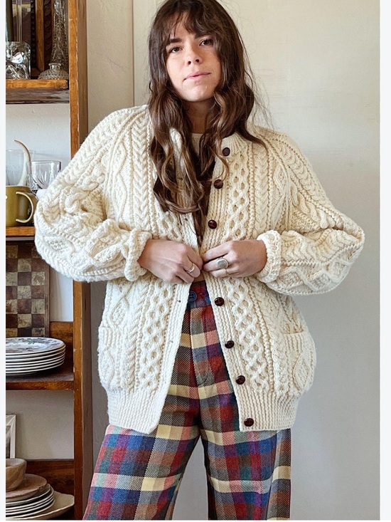 Athena Sweaters - Athena Aran Crafts Merino Wool Honeycomb Chevron Sweater Cardigan Natural NEW 44